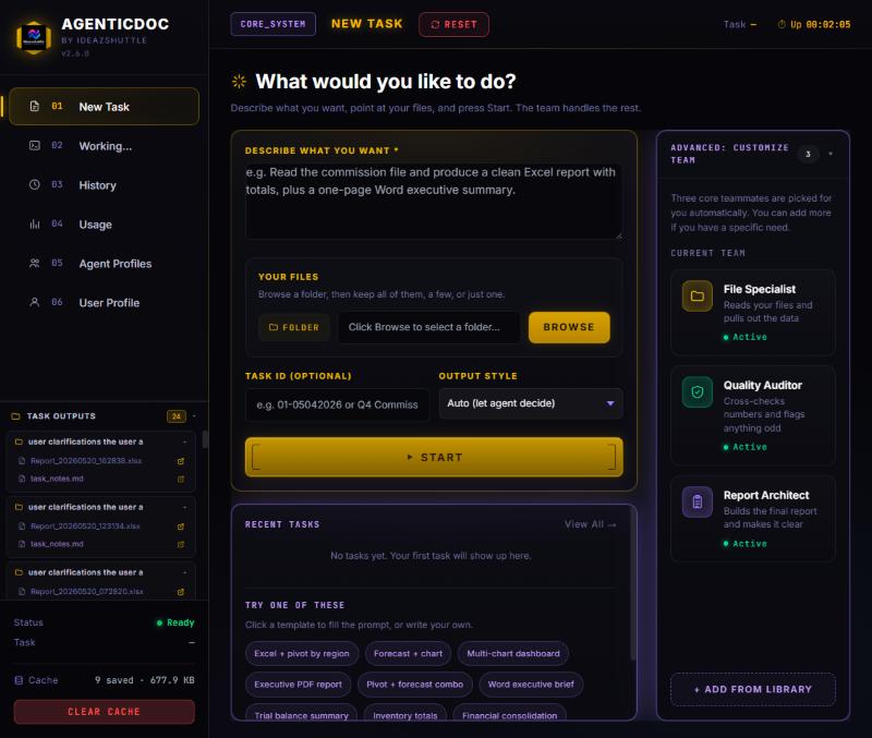 AgenticDoc: describe the task, point at your files, and an agent team — file specialist, quality auditor, report architect — produces the finished report